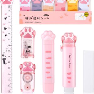 TIESOME Cute Cat Paw Stationery Set, 7 Pcs Kawaii Cartoon School Supplies Includes Sharpener Retractable Eraser Correction Tape Sticky Notes Ruler Eraser Replacement Core for Cat Lovers Students