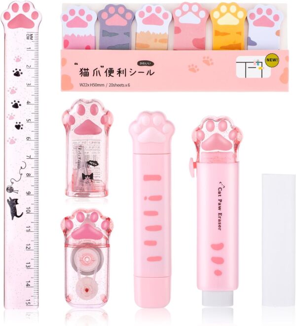 TIESOME Cute Cat Paw Stationery Set, 7 Pcs Kawaii Cartoon School Supplies Includes Sharpener Retractable Eraser Correction Tape Sticky Notes Ruler Eraser Replacement Core for Cat Lovers Students