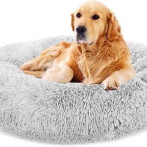 TOHDNC Cat Dog Calming Bed, Round Soft Fluffy Plush Pet Bed with Non-Slip Bottom Kitten Dog Nest Washable (Light Grey 60cm)