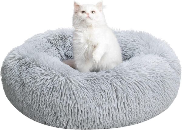 TOHDNC Cat Dog Round Bed 50cm, Calming Fluffy Plush Cat Bed Anti Anxiety Cozy Donut Pet Bed Cuddler with Non-Slip Bottom Warming Dog Bed Washable Cushion for Small Medium Dogs and Cats