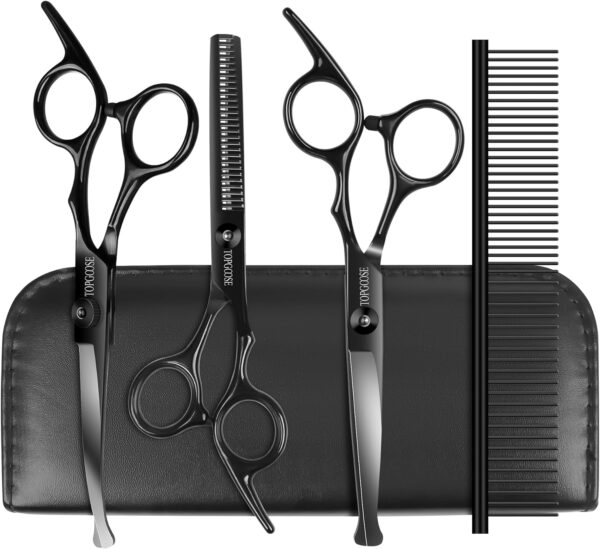 TOPGOOSE Dog Grooming Scissors Kit with Safety Round Tips, Professional 5 in 1 Grooming Scissors for Dogs Cat Pet At Home (Black)