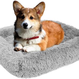 TUAKIMCE Dog Bed Cat Bed Square Calming Dog Cat Bed Plush Fluffy Puppy Bed Large Dog Bed Washable with Anti-Slip Bottom Self-Warming Pet Bed for Large, Medium Dog and Cat bed (M, Light Gray)