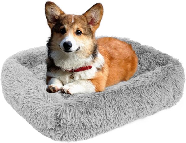 TUAKIMCE Dog Bed Cat Bed Square Calming Dog Cat Bed Plush Fluffy Puppy Bed Large Dog Bed Washable with Anti-Slip Bottom Self-Warming Pet Bed for Large, Medium Dog and Cat bed (M, Light Gray)