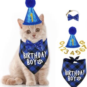 Tomtary Dog Birthday Party Supplies Dog Birthday Bandana Hat Set with Cute Bowtie Triangle Scarfs Cat Birthday Party Supplies Birthday Party Accessories for Small Medium Large Dogs Cats