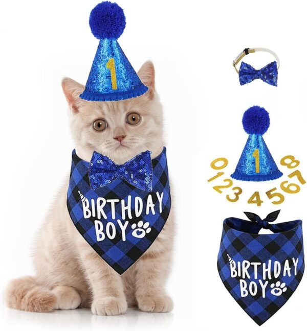 Tomtary Dog Birthday Party Supplies Dog Birthday Bandana Hat Set with Cute Bowtie Triangle Scarfs Cat Birthday Party Supplies Birthday Party Accessories for Small Medium Large Dogs Cats