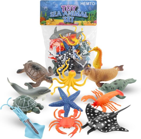 Toy Sea Animal Set (12 Pack) - Educational Toy Sea Creatures for Bath Time - Realistic Ocean Creature Playset with Dolphin, Stingray - Figure Gift Set for Children, Toddlers - Perfect for Cake Toppers