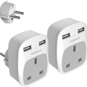 UK to European Travel Adapter 2 Pack, Schuko Grounded Euro EU Plug Adapter with 2 USB Ports for Most of Europe Spain Germany France Iceland Poland Russia and More (Type E/F)