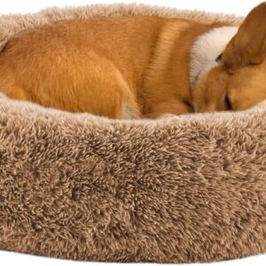 URGVANZ PET Dog Beds for Medium Dogs, Calming Donut Dog Bed, Round Fluffy Dog Beds, Plush Washable Pet Bed for Dogs Up to 45 Lbs, Brown