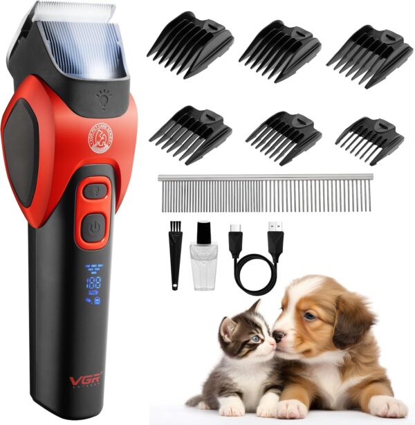 VGR Dog Clippers Cordless for Thick or Curly Coats - Pet Hair Trimmer with Ceramic Blades - Low Noise Silent Grooming Kit for Cat with Matted Fur, Puppy, Poodle