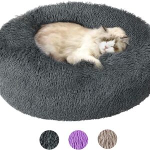 VavoPaw Round Dog Bed for Small Dogs, Donut Cuddler Plush Cat Calming Bed with Machine Washable, Non-Slip Fluffy Dog & Cat Calming Cushion Bed for Joint-Relief and Sleep Improvement, S Size, Dark Grey