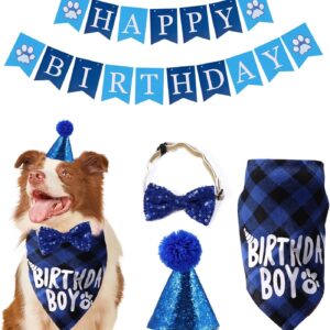 WHILIERA Dog Birthday Bandana, Cute Dog Birthday Party Supplies Dog Birthday Hat Decorations with Happy Birthday Banner Bow Tie Triangle Scarf for Small Medium Dog Party Gift Decoration