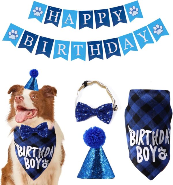 WHILIERA Dog Birthday Bandana, Cute Dog Birthday Party Supplies Dog Birthday Hat Decorations with Happy Birthday Banner Bow Tie Triangle Scarf for Small Medium Dog Party Gift Decoration