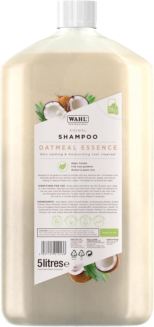 Wahl Oatmeal Essence Shampoo, Dog Shampoo, Shampoo for Pets, Natural Pet Friendly Formula, For Dogs with Very Sensitive Skin, Concentrate 15:1, Moisturises Pet Coats, 5 Litre