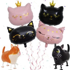 Walking Animal Cat Balloons Set - 6 Pieces Cat Party Balloons Decoration Crown Cat Black Pink Beauty Cat Walking Pet Cat Foil Balloons for Kids Cat Theme Baby Shower Cat Party Decoration Supplies