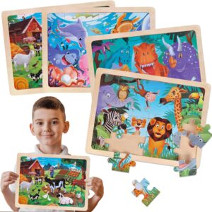 Wooden Dinosaur Animals Sea World Farm Jigsaw Puzzles Toys for Kids 2 3 4 5 6 Year Olds, 4x24 Pcs Jigsaws Puzzle Board for Toddler, Educational Toys Game for 3+ Year Old Easter Gifts for Boys Girls