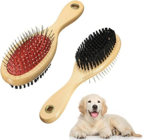 Wooden Dog Brush Double Sided Pet Hair Grooming Brush Dog Pin Brush and Bristle Soft Brush, Dogs Comb and Brush Grooming Tools for Cleaning for Dogs & Cats with Long or Short Hair Red