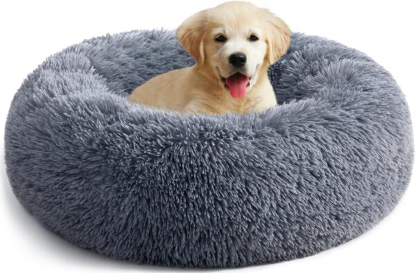 YOJOGEE Calming Donut Dog Bed for Medium Small Dogs Cats, Fluffy Anti Anxiety Dog Beds Washable Puppy Bed Non-Slip Plush Cuddler Warming Round Faux Fur Pet Bed