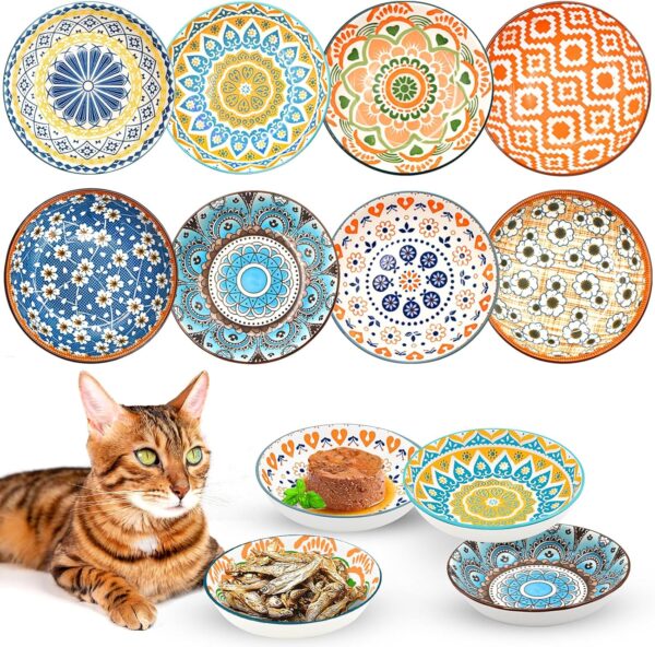 YZNlife 8 Pieces Cat Bowls Ceramic Cat Food Bowl 5.5 Inches Cat Dishes And Bowls Cute Kitten Bowl Wide Shallow Cat Feeding Bowls Cat Plate Cat Bowl Microwave and Dishwasher