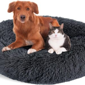 Zvonema Calming Donut Dog Bed, Soft Fluffy Plush Pet Bed for Small Medium Large Dogs and Cats, Washable Round Fur Cat Beds with Non-Slip Bottom, 76 x 76cm, Dark Grey