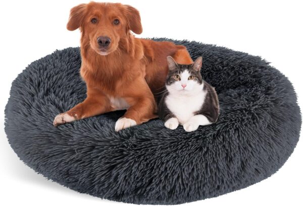 Zvonema Calming Donut Dog Bed, Soft Fluffy Plush Pet Bed for Small Medium Large Dogs and Cats, Washable Round Fur Cat Beds with Non-Slip Bottom, 76 x 76cm, Dark Grey