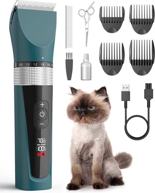 oneisall Cat Clippers for Matted Fur, 5-Speed Quiet Cordless Cat Grooming Clippers for Long Hair,IPX6 Waterproof Pet Clippers Trimmer Shaver for Dogs Cats Animals (Green)