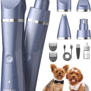 oneisall Dog Clippers Grooming Kit 4 in 1, Quite Cordless Dog Paw Trimmer & Nail Grinders & Small Dog Trimmer for Grooming, Pet Clippers Shaver Trimmer for Small Dogs (Blue)