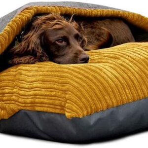 rucomfy Fibre-Filled Medium Burrower Calming Dog Bed with Comfort Blanket - Machine Washable Jumbo Cord Pet Bed with Water Resistant Base - 70 x 85 x 20cm (Mustard)