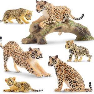 toymany 7PCS Jaguars Figurines with Jaguasr Cubs and Tree Trunk, Realistic Jungle Animals Figures Family Set Includes Baby Jaguars, Educational Toy Cake Toppers Christmas Birthday Gift for Kids