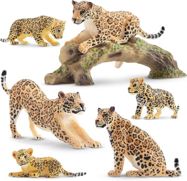 toymany 7PCS Jaguars Figurines with Jaguasr Cubs and Tree Trunk, Realistic Jungle Animals Figures Family Set Includes Baby Jaguars, Educational Toy Cake Toppers Christmas Birthday Gift for Kids