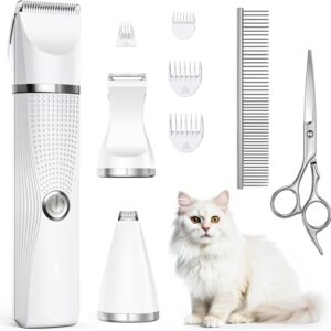 Bautrium Cat Grooming Clippers Kit, Low Noise Cat Shaver for Matted Fur Claw - Paw Trimmer for Dogs with Stainless Steel Scissors Combs & USB-C Charging Cable