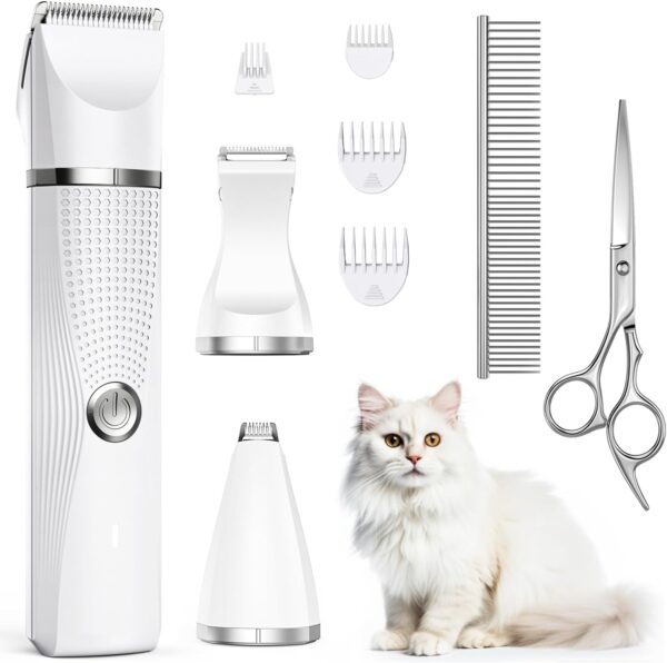 Bautrium Cat Grooming Clippers Kit, Low Noise Cat Shaver for Matted Fur Claw - Paw Trimmer for Dogs with Stainless Steel Scissors Combs & USB-C Charging Cable