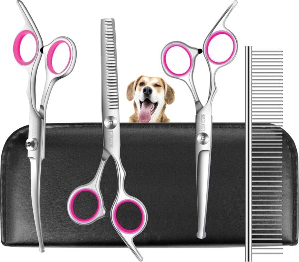 TOPGOOSE Dog Grooming Scissors Kit with Safety Round Tips, Professional 5 in 1 Grooming Scissors for Dogs Cat Pet at Home (Pink)