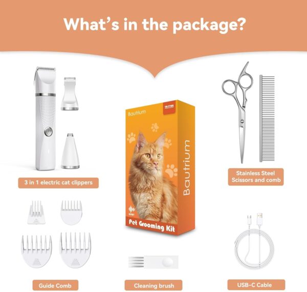 Bautrium Cat Grooming Clippers Kit, Low Noise Cat Shaver for Matted Fur Claw - Paw Trimmer for Dogs with Stainless Steel Scissors Combs & USB-C Charging Cable - Image 6