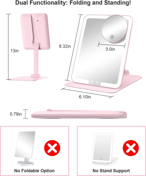 Gospire Rechargeable Travel Makeup Mirror with Lights and Magnification 10X, Foldable Stand & Angle Sensor Light, 3 Light Colors & Stepless Dimming, Lighted Mirror LED Vanity Mirror - Image 2