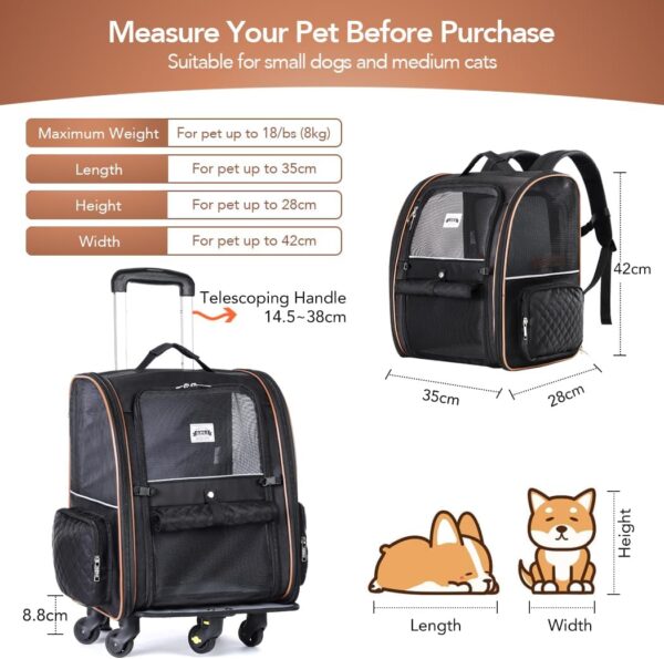 Lekebsky Dog Carrier with wheels,Wheeled Cat Backpack Carrier Rolling Pet Carrier Backpack for Small Dogs Medium Cats Fit up 8kg, Pet Carrier Backpack with Removable Wheels,Airline Approved,Black - Image 2