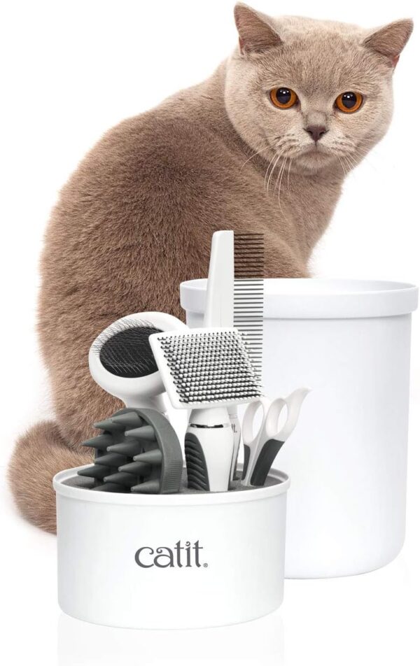 Catit Grooming Kit for Shorthaired Cats. Canister includes 5 Tools; Rubber Palm Brush, Nylon Slicker Brush, Metal Slicker Brush, Fine Comb and Curved Nail Clippers, White, Black, Grey - Image 9