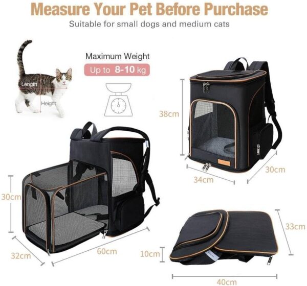 Lekesky Expandable Cat Carrier Backpack - Portable Breathable Rucksack for Medium and Small Cats & Dogs, Foldable with Inner Escape-proof Leash and Pet Mat, Supports 20 lbs (Black) - Image 2