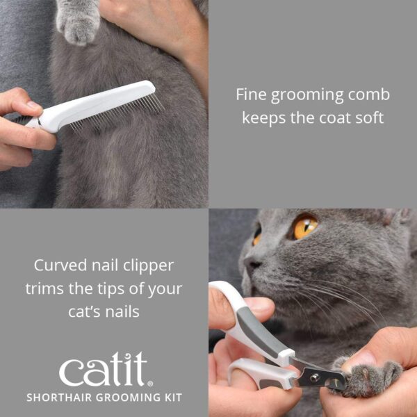 Catit Grooming Kit for Shorthaired Cats. Canister includes 5 Tools; Rubber Palm Brush, Nylon Slicker Brush, Metal Slicker Brush, Fine Comb and Curved Nail Clippers, White, Black, Grey - Image 7