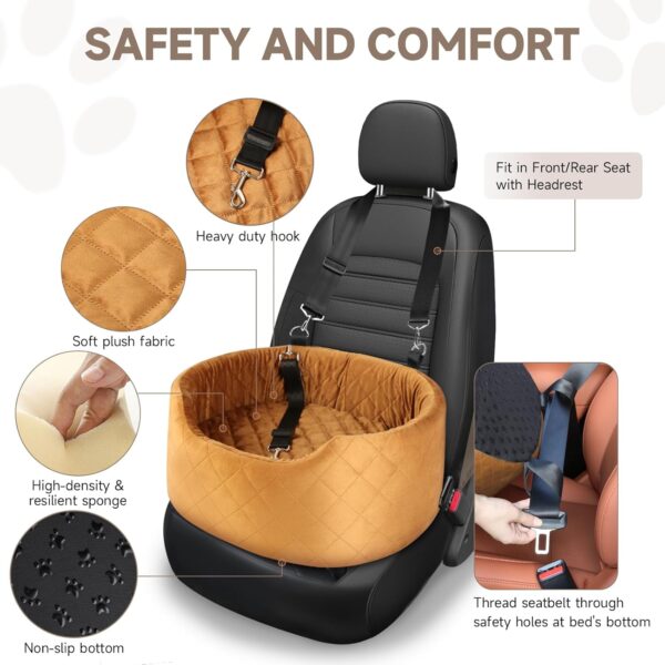 Dog Car Seat for Small & Medium Dogs, Elevated Dog Booster Seat, Detachable and Washable Pet Car Seat for Dogs Up to 35lbs, Dogs Travel Bed with Thick Memory Foam for Front and Back Seats (Brown) - Image 2