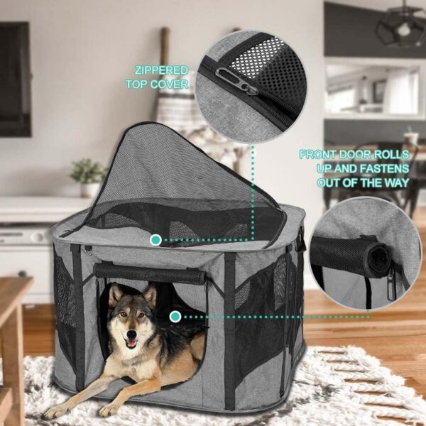 XhuangTech Puppy Pop Up Portable Playpen for Dog and Cat, Foldable Indoor/Outdoor Kitten Pen & Travel Pet Carrier + Free Carrying Case (Grey, Medium (35.4"x35.4"x24")) - Image 2