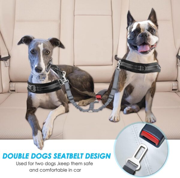 Lukovee Dog Car Seat Belt, Two Dogs Dog Seat Belts for Cars Adjustable Shock Absorbing Bungee Dual Pet Dog Coupler, 2 in 1 Durable Strong Reflective 2 Dogs Splitter Car Dog Travel Seatbelt - Image 2