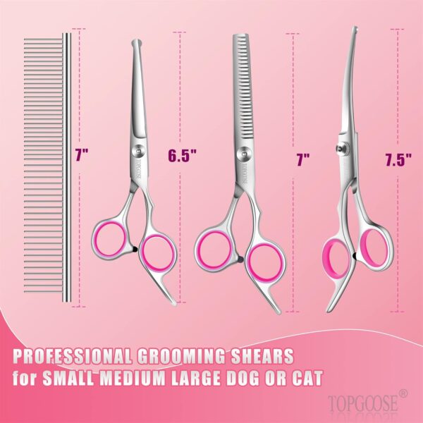 TOPGOOSE Dog Grooming Scissors Kit with Safety Round Tips, Professional 5 in 1 Grooming Scissors for Dogs Cat Pet at Home (Pink) - Image 2