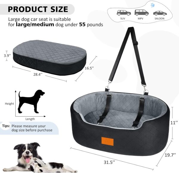 Dog Car Seat for Large/Medium Dog, Pet Car Seat for Dogs Under 55 lbs or 2 Small Dogs, Upgraded Dog Booster Seat, Detachable & Washable Travel Bed Dog Seat with Thick Cushion (Black/Gray) - Image 5