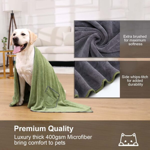 PETTOM Dog Drying Towel 90 x 50cm, Pack of 2 Quick Dry Dog Towel with Hand Pockets, Super Absorbant Microfibre Pet Towels for Dogs Puppys Cats, Pet Shower Bath Towel Machine Washable, Grey and Green - Image 4