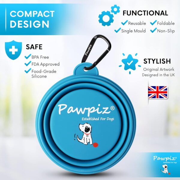 Pawpiz Collapsible Dog Bowl | 450ml | Dog Travel Bowl with Cute Puppy Design & Carabiner | BPA-Free, Food-Grade, Foldable Silicone Bowl | Gift for Small & Medium Pets | UK Brand (Boston Blue) - Image 3