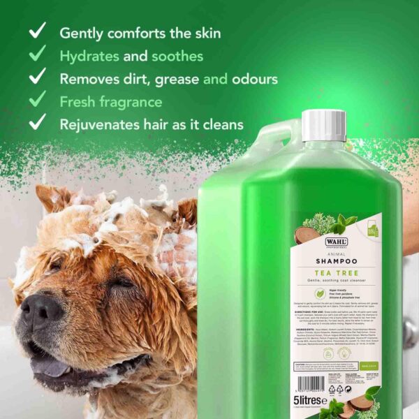 Wahl Tea Tree Shampoo, Dog Shampoo, Shampoo for Pets, Natural Pet Friendly Formula, For Thick and Sensitive Pet Coats, Concentrate 11:1, Remove Dirt and Odours, 5 Litre - Image 4