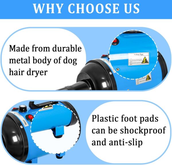 Dog Dryer for Large Dogs, 4.3HP 3200W High Velocity Pet Hair Dryers with Heater for Grooming, Spind Temperature Adjustable Pet Dryer Machine with 4 Nozzles and1 Woolen Head Covers(Blue) (Blue) - Image 2