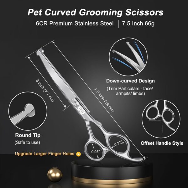 CIICII Dog Grooming Scissors Kit, 7.5 Inch Professional Pet Grooming Scissors Set with Safety Round Tip (Dog/Cat Hair Thinning Trimming Cutting Shears with Curved Scissors) for DIY Home Salon (Silver) - Image 4