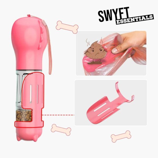 SWYFT Dog Water Bottle, Portable Multifunctional Water Bottle with Food Dispenser, Garbage Collection Bag, Poop Shovel, for Outdoor Walking Travelling Doggy Bottles Leak Proof (Pink, 500ML) - Image 2