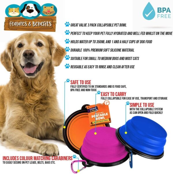 Cooper & Pals 3Pcs Collapsible Dog Bowl Portable Silicone Dog Water Bowl Pet Food Feeding Space Save Travel Bowl with Carabiner Carry Hook Small 350ml (12fl oz) (3pcs x Three colours (1 per colour)) - Image 7